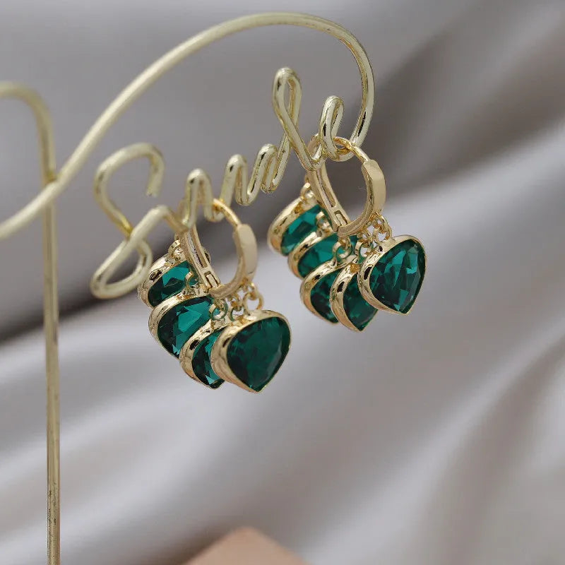 Green heart pendant ear clip earrings in Korean style for women
