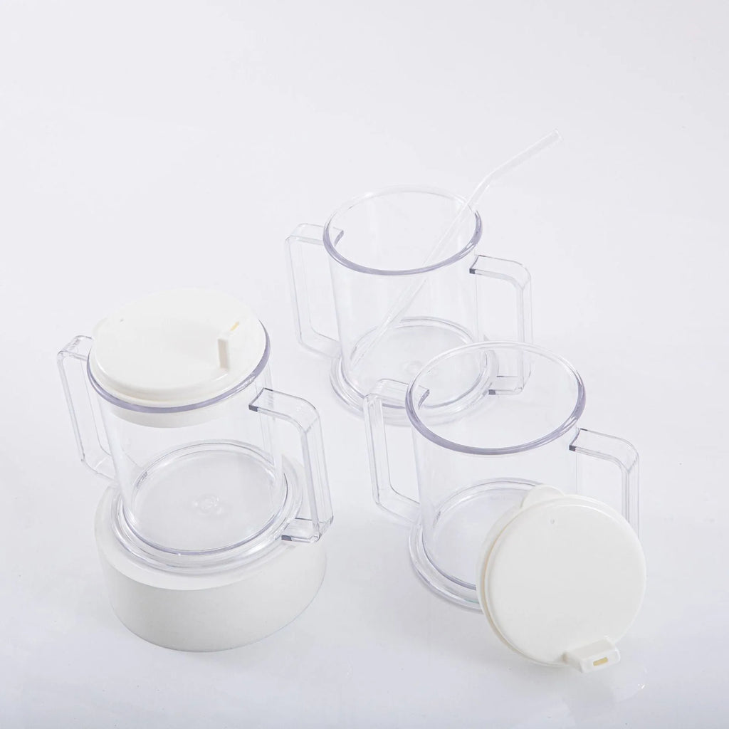 Transparent plastic spill-proof drinking cup showing 14cm height and 12cm brim.