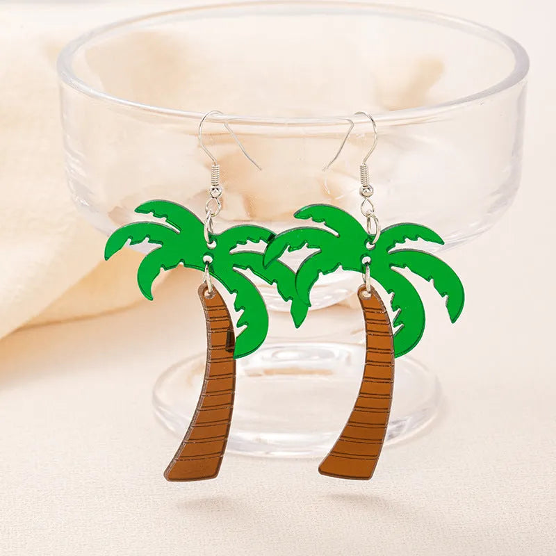 Acrylic drop earrings with coconut and jackfruit designs on alloy hooks in summer colours