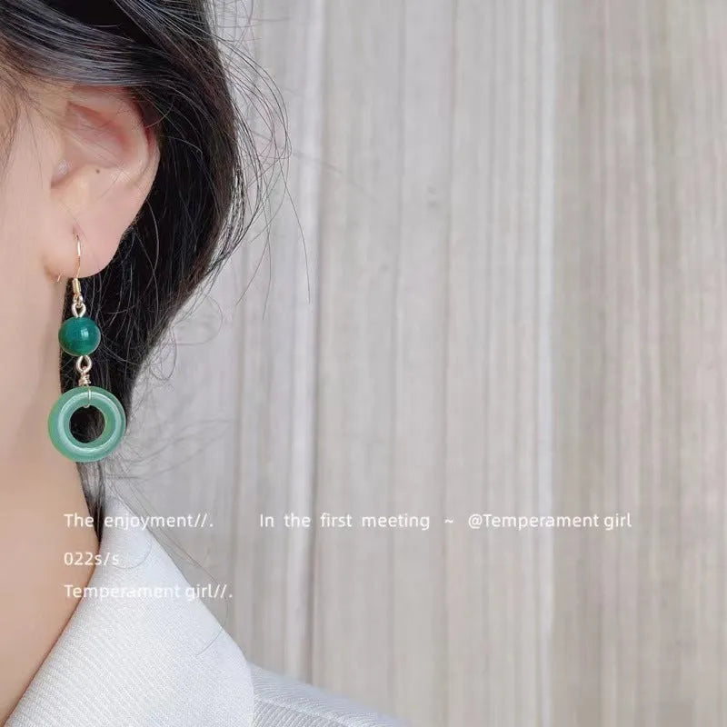 Geometric cheongsam peace buckle earrings in jade green zinc alloy