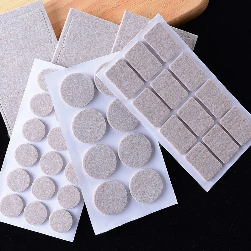 Beige plastic furniture protection foot pads set showing five different sizes including round and square shapes