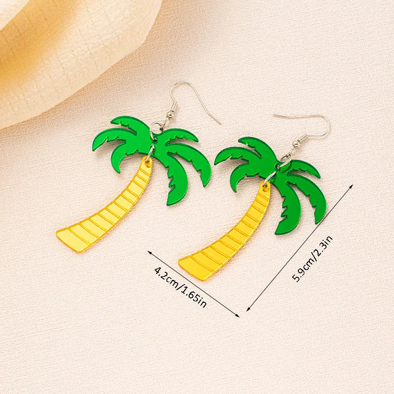 Acrylic drop earrings with coconut and jackfruit designs on alloy hooks in summer colours