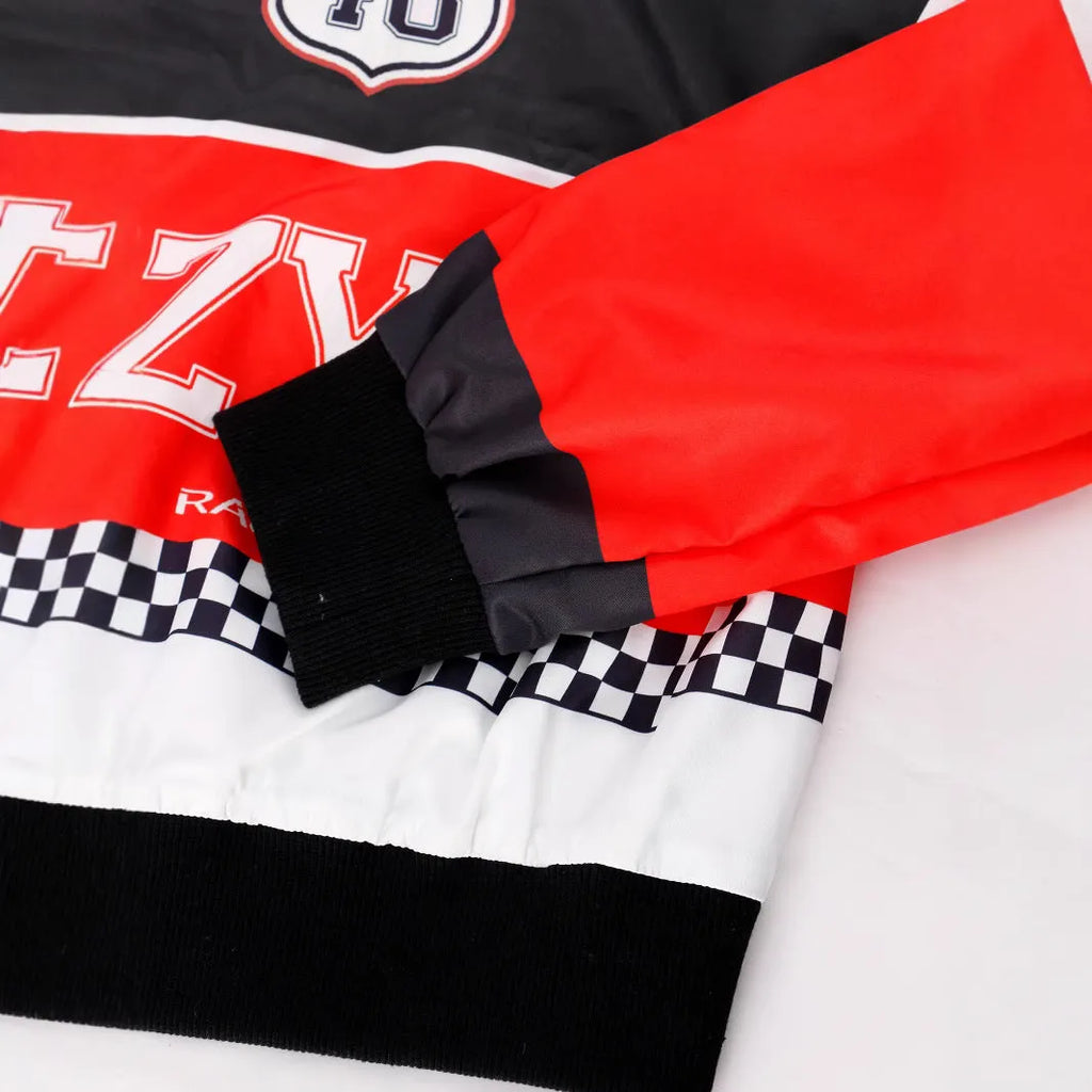 Women's loose polyester digital print zipper jacket in geometric pattern, long sleeves, front view