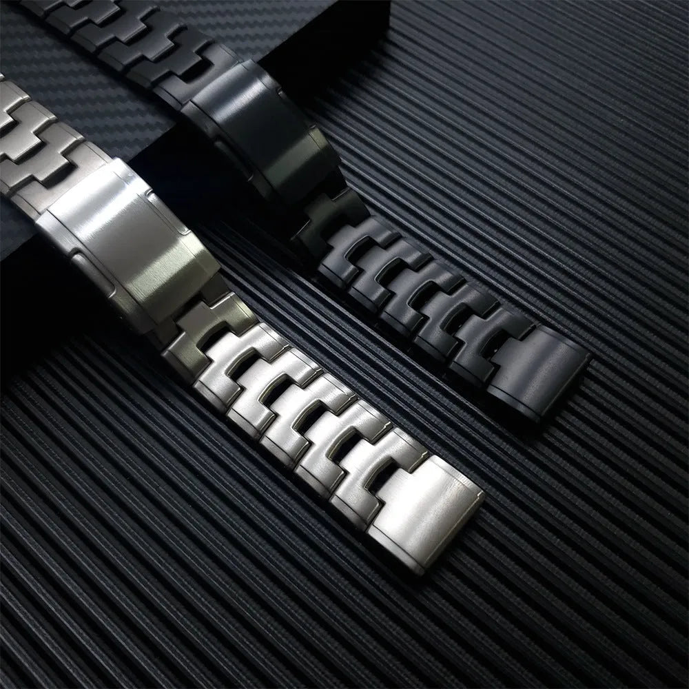 Garmin Jiaming Fenix watch replacement strap in silver, black, titanium colours showing 22mm and 26mm width options
