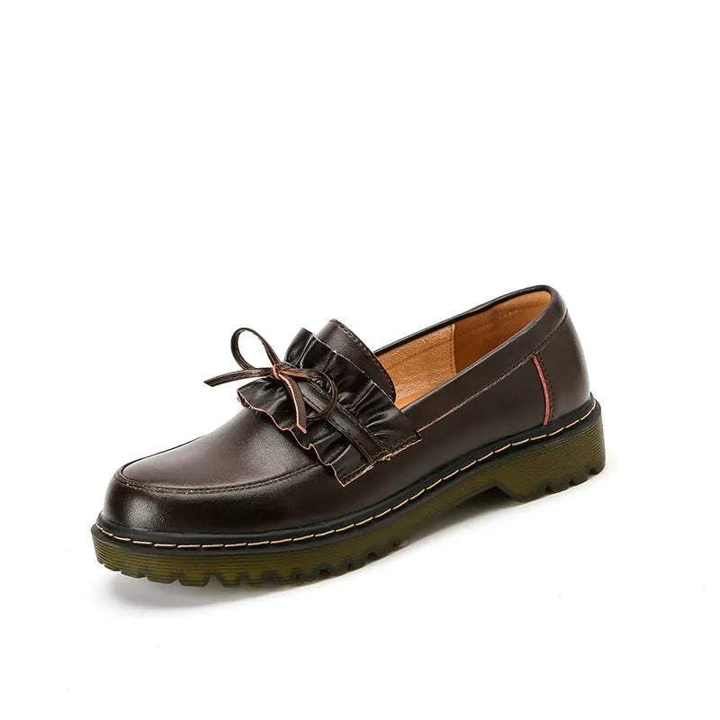 British style women's leather shoes with round toe and chunky heel in black and brown options