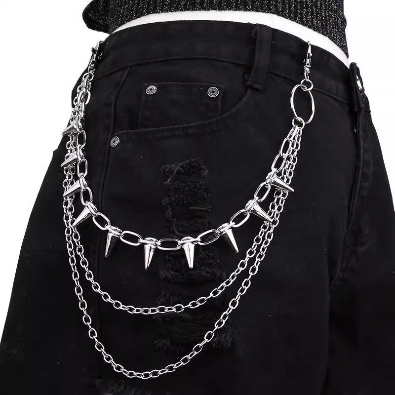 Silver double-layer metal trousers chain with adjustable zipper measuring 115cm length