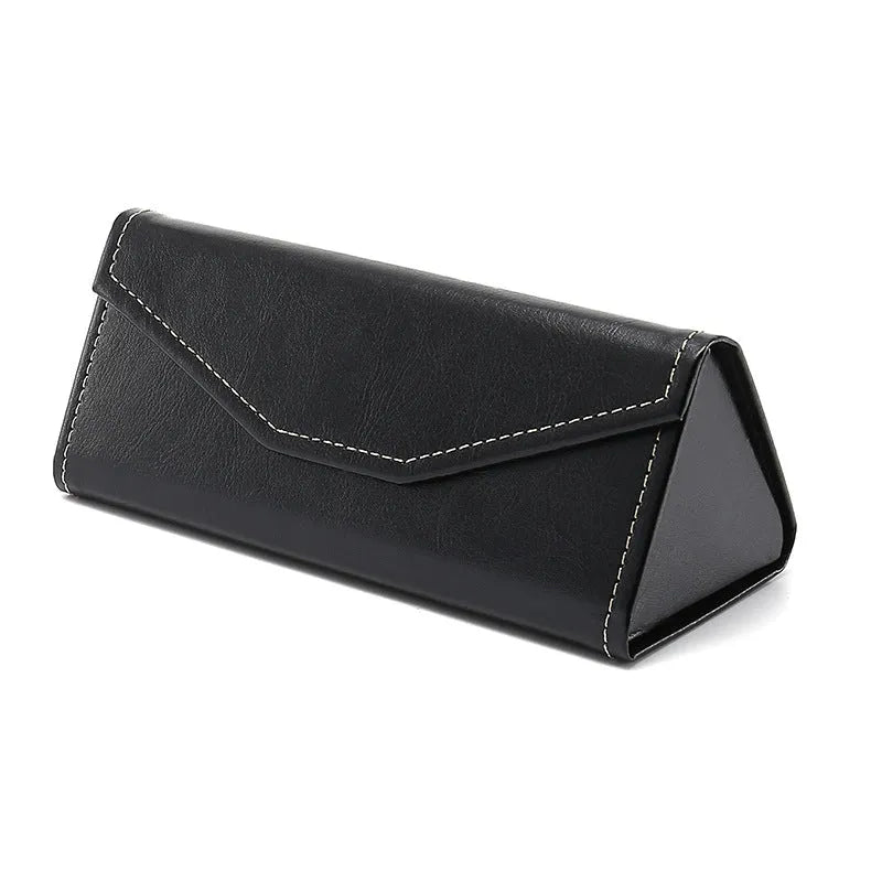 Folding glasses case in PU cowhide with triangle compression-resistant design, available in black, brown, pink, dark blue, calfskin black, and plaid