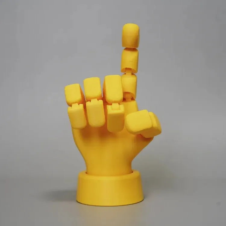Yellow PLA movable joint hand prop for animation and photography measuring 5x5.38x7.5 cm