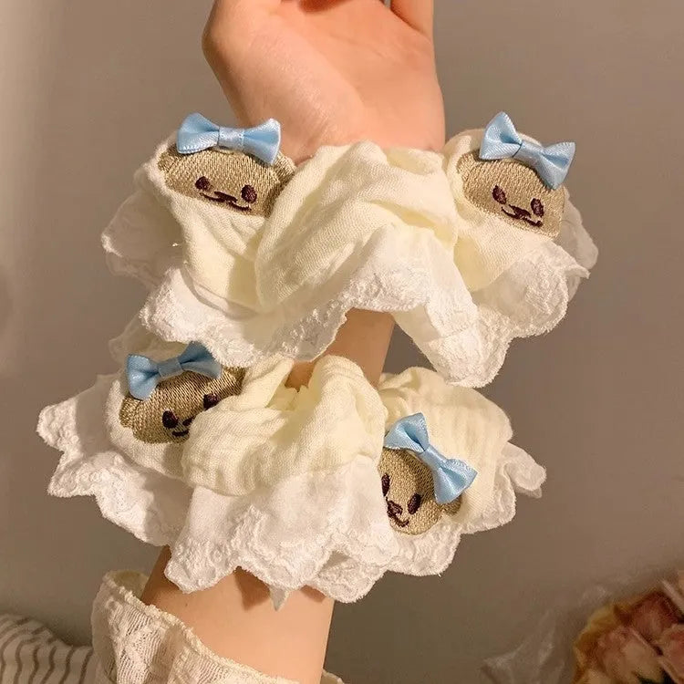 Bear blue bow lace large intestine hair ring elastic fabric hair accessory