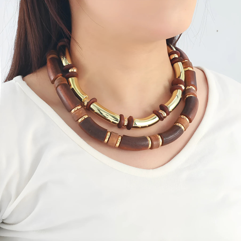 Women's multi-layer wooden necklace and bracelet set in exaggerated European style with alloy construction