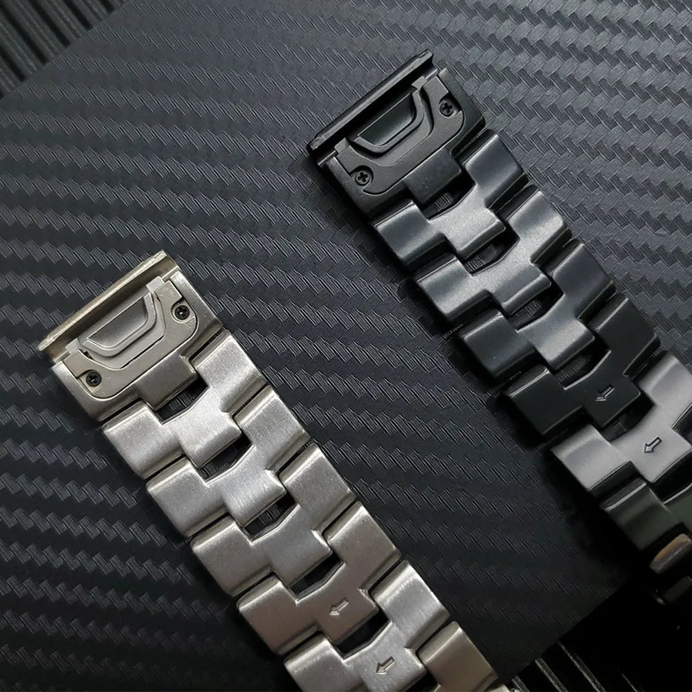 Garmin Jiaming Fenix watch replacement strap in silver, black, titanium colours showing 22mm and 26mm width options