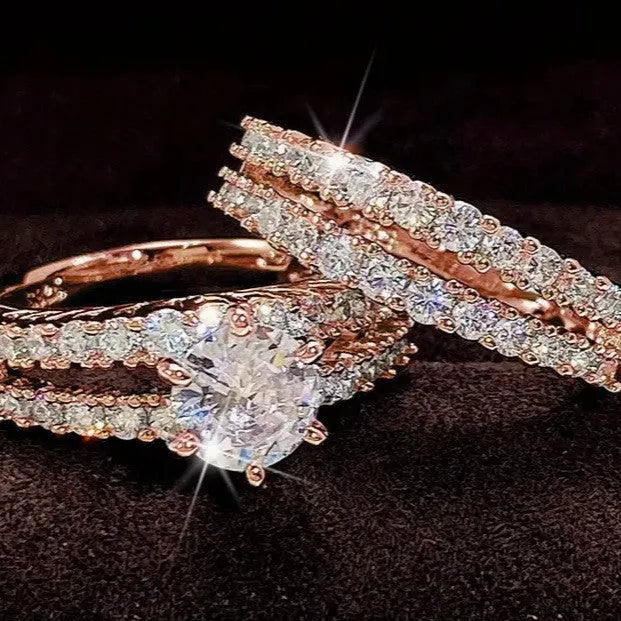 2-in-1 female ring set in alloy with fully jewelled design showing silver, gold, and rose gold colour options