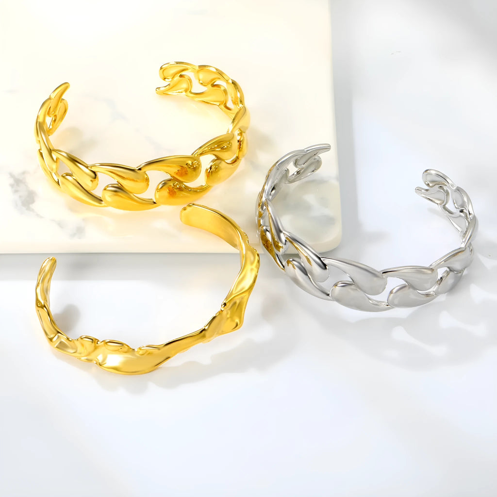 Stainless steel European and American style luxe bracelet on a wrist, showing advanced metallic finish.
