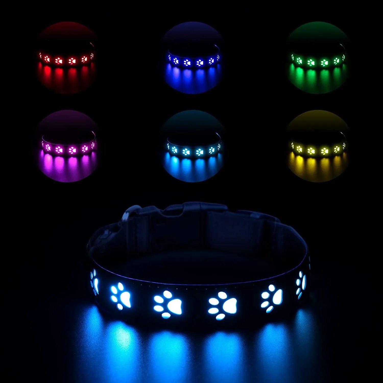LED luminous dog collar showing seven colour lights and paw print pattern on polyester material