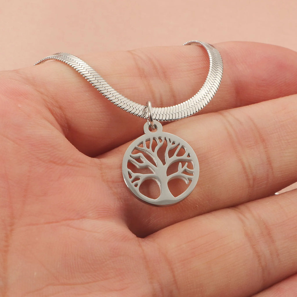 Stainless steel necklace with tree pendant on adjustable snake chain in gold colour