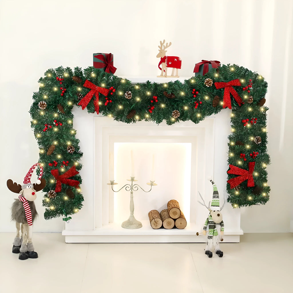 Christmas rattan wreath decoration with pine cones and red bow on green background