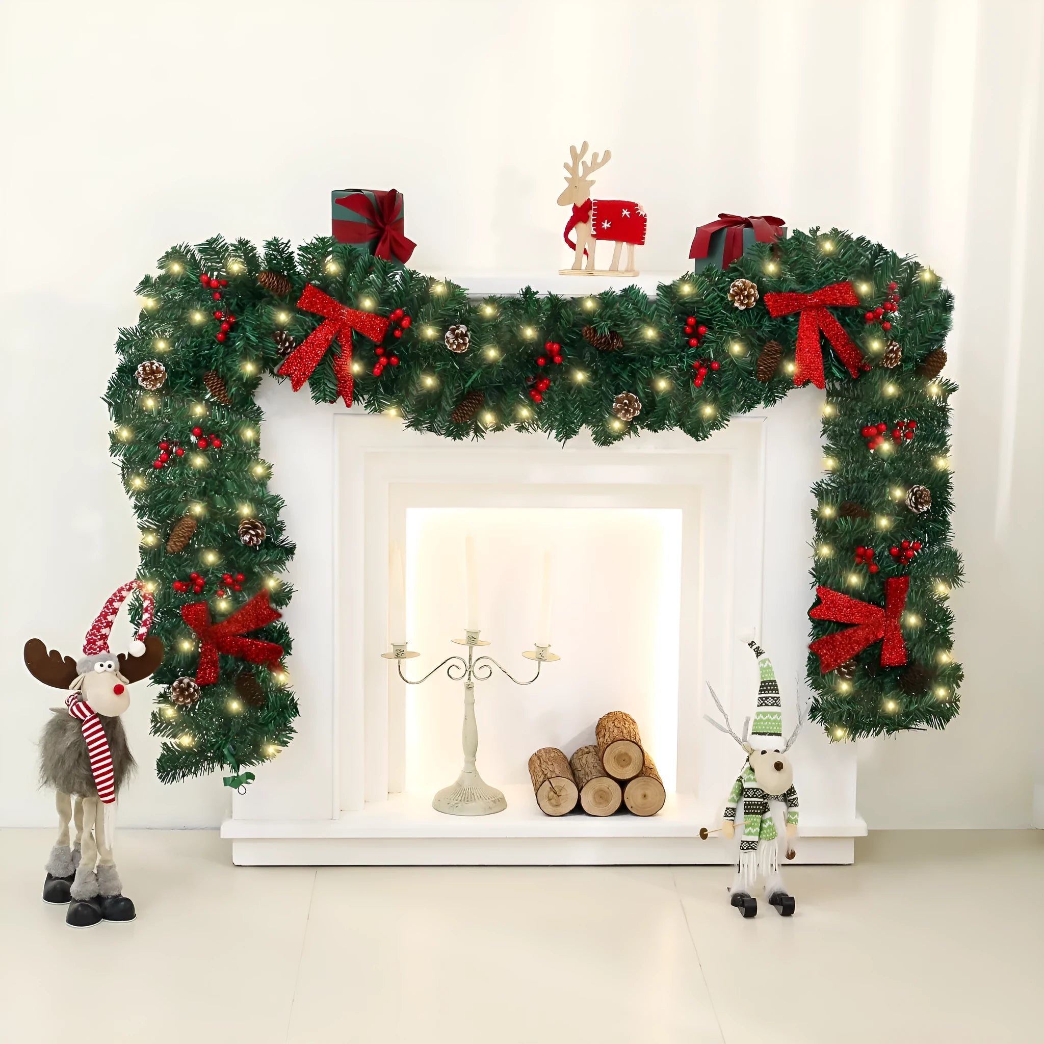 Christmas rattan wreath decoration with pine cones and red bow on green background