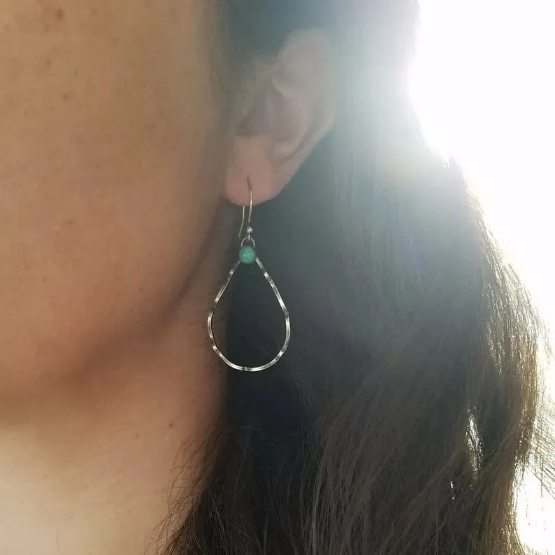 Bohemian geometric earrings with turquoise circles in antique silver colour alloy construction