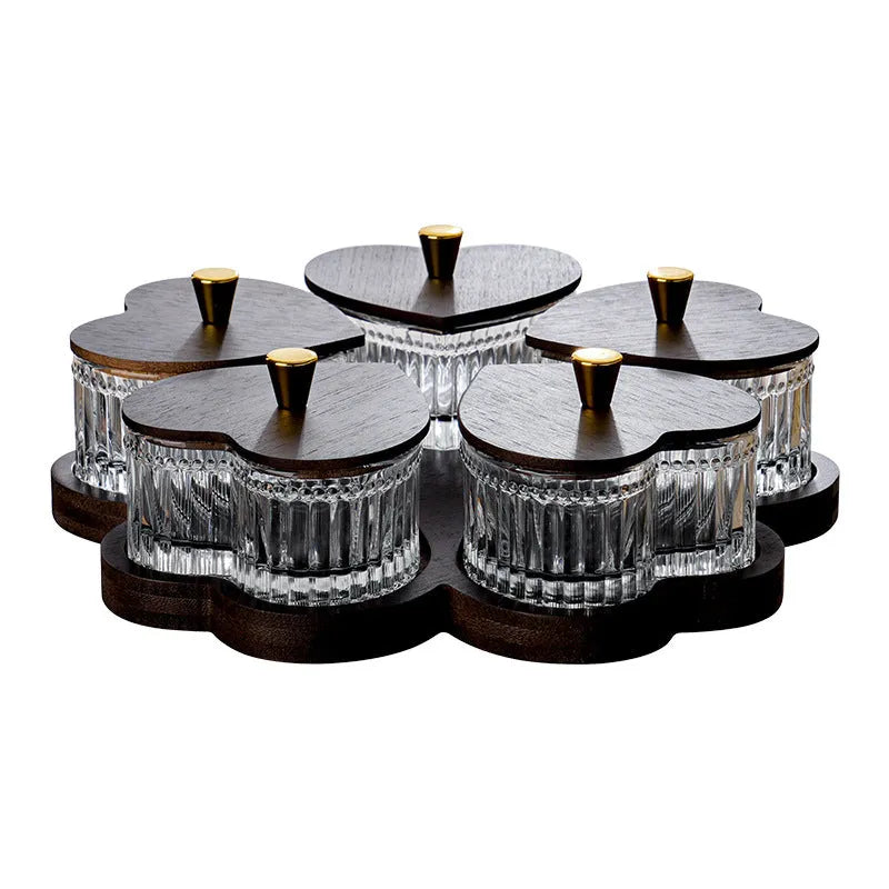Glass dim sum plate with coloured glaze and transparent heart-shaped lids in multiple grid configurations