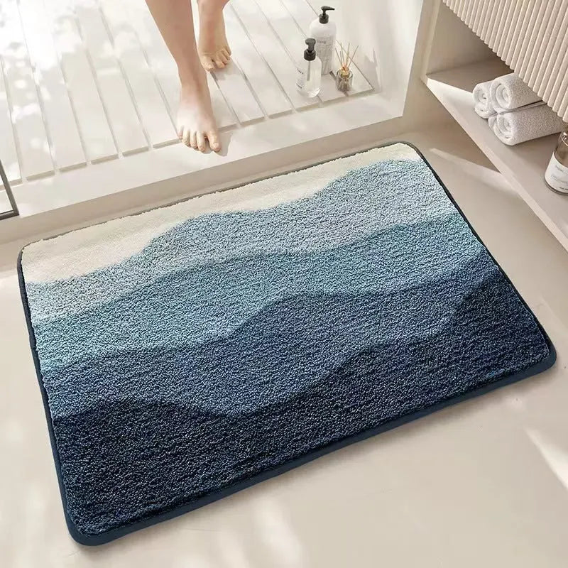 Square rainbow pattern floor mat with sky and sea colours, plastic bottom resistant to dirt