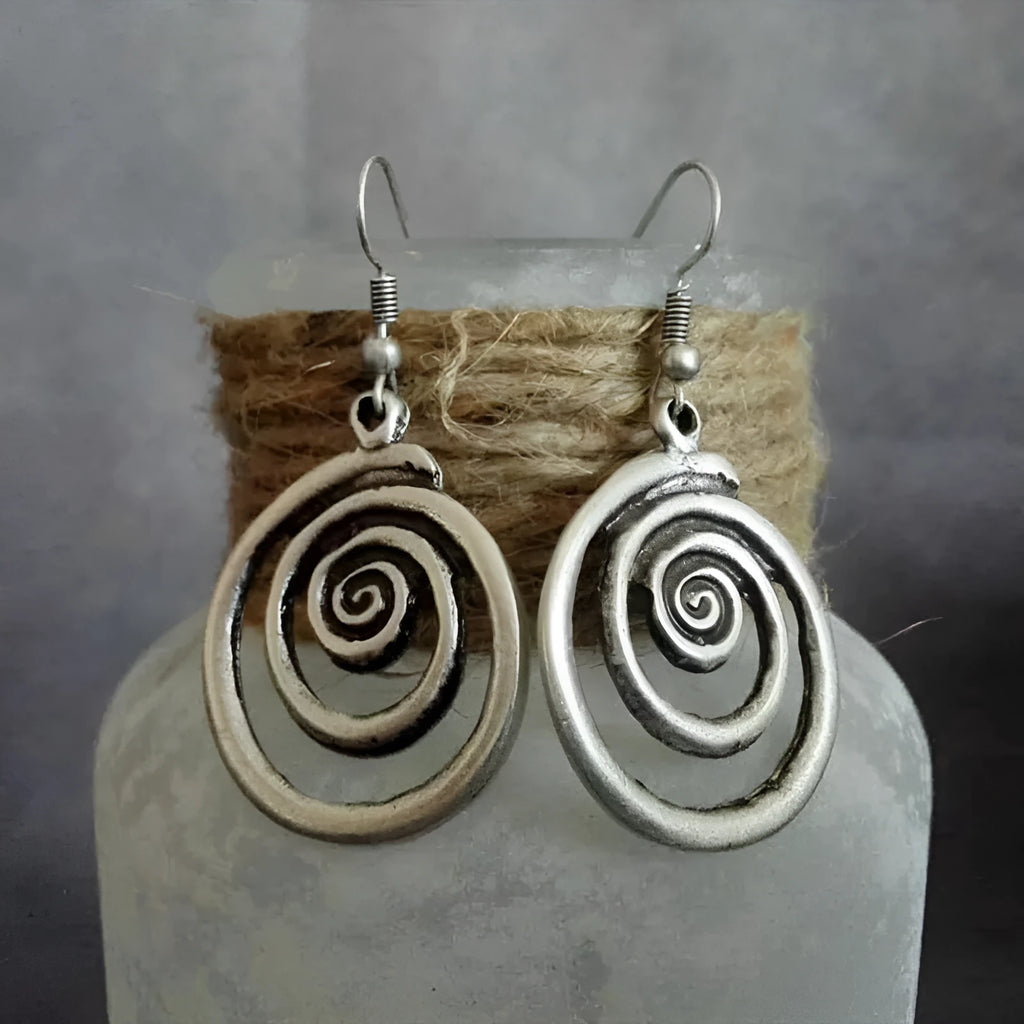 Retro geometric spiral distressed earrings in silver alloy measuring 2.6cm by 5cm