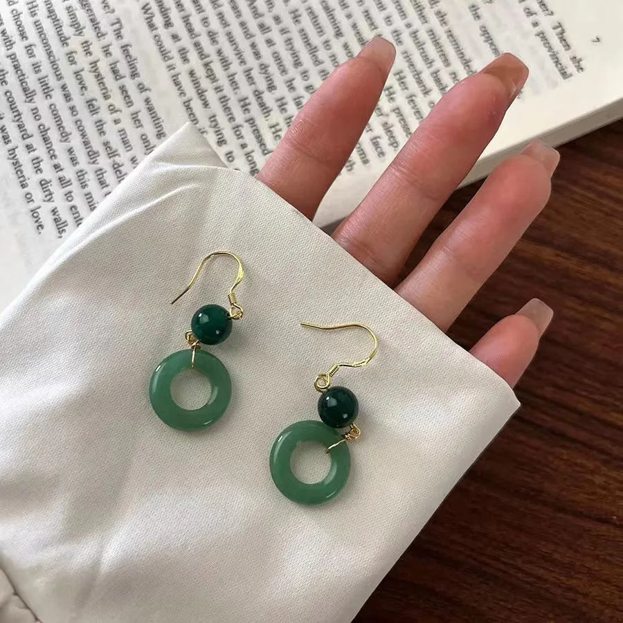 Geometric cheongsam peace buckle earrings in jade green zinc alloy