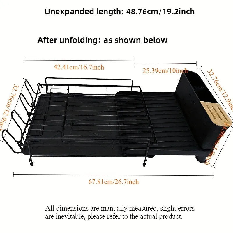 Retractable carbon steel dish rack in folded position for cutlery and cup drying