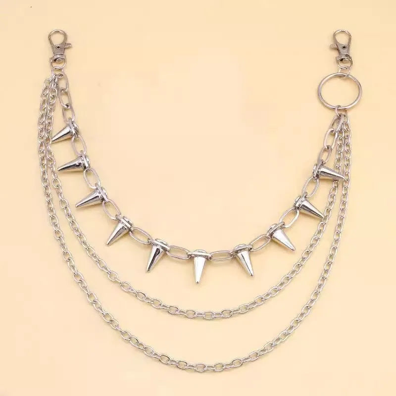 Silver double-layer metal trousers chain with adjustable zipper measuring 115cm length