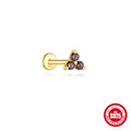 S925 sterling silver geometry earring with rainbow stone and flat head thread piercing post in a gold colour.