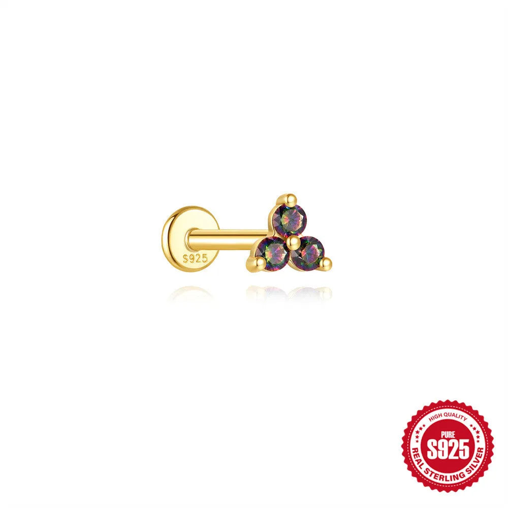 S925 sterling silver geometry earring with rainbow stone and flat head thread piercing post in a gold colour.