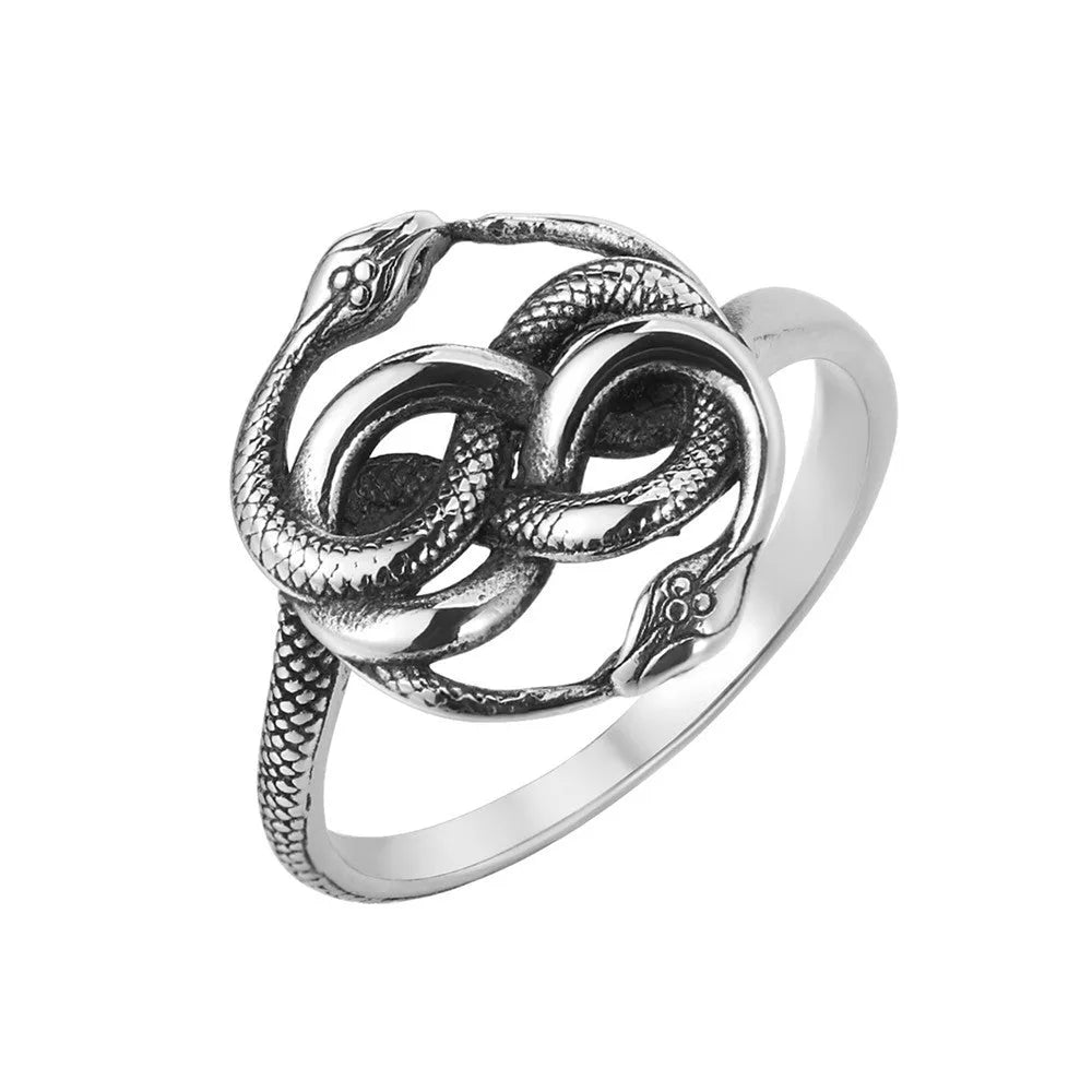 Steel colour titanium steel double snake ring on a finger, showing retro design.