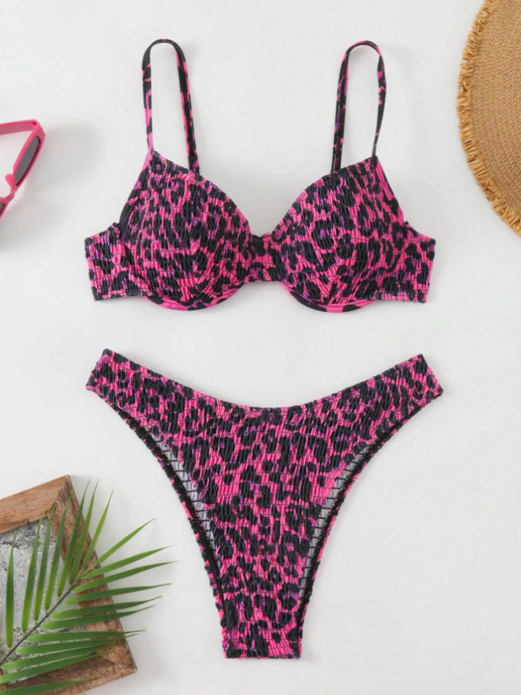Leopard print backless bikini swimsuit for women with adjustable ties in brown mixed colour
