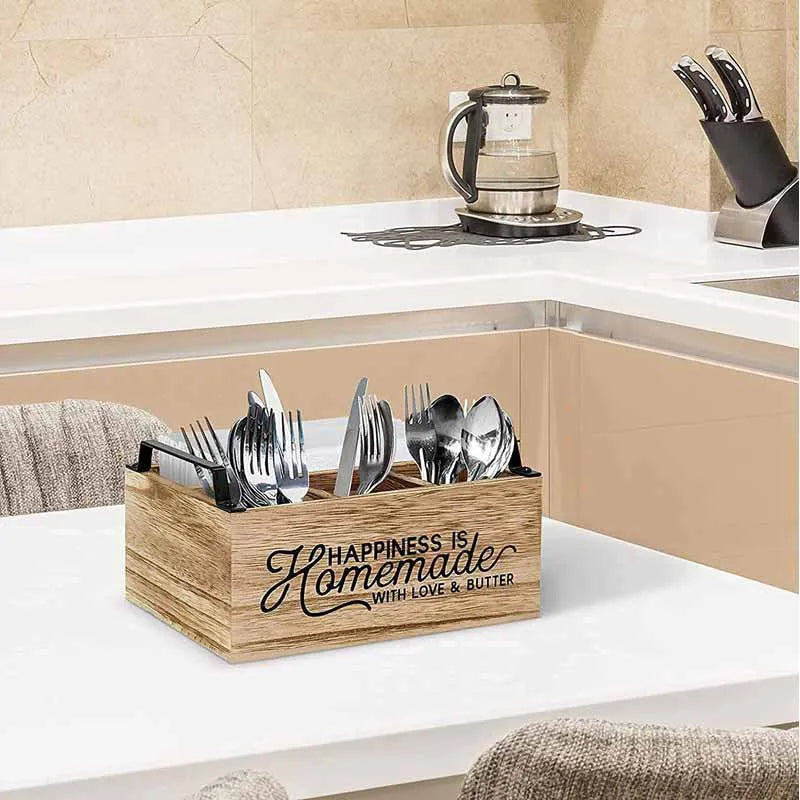 Wooden kitchen storage box with grid compartments for tableware organisation
