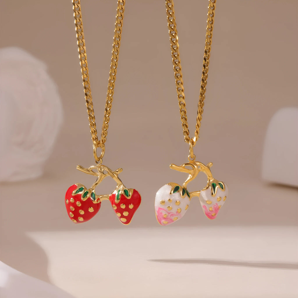 Stainless steel necklace with a strawberry fruit pendant in red or white gradient colour