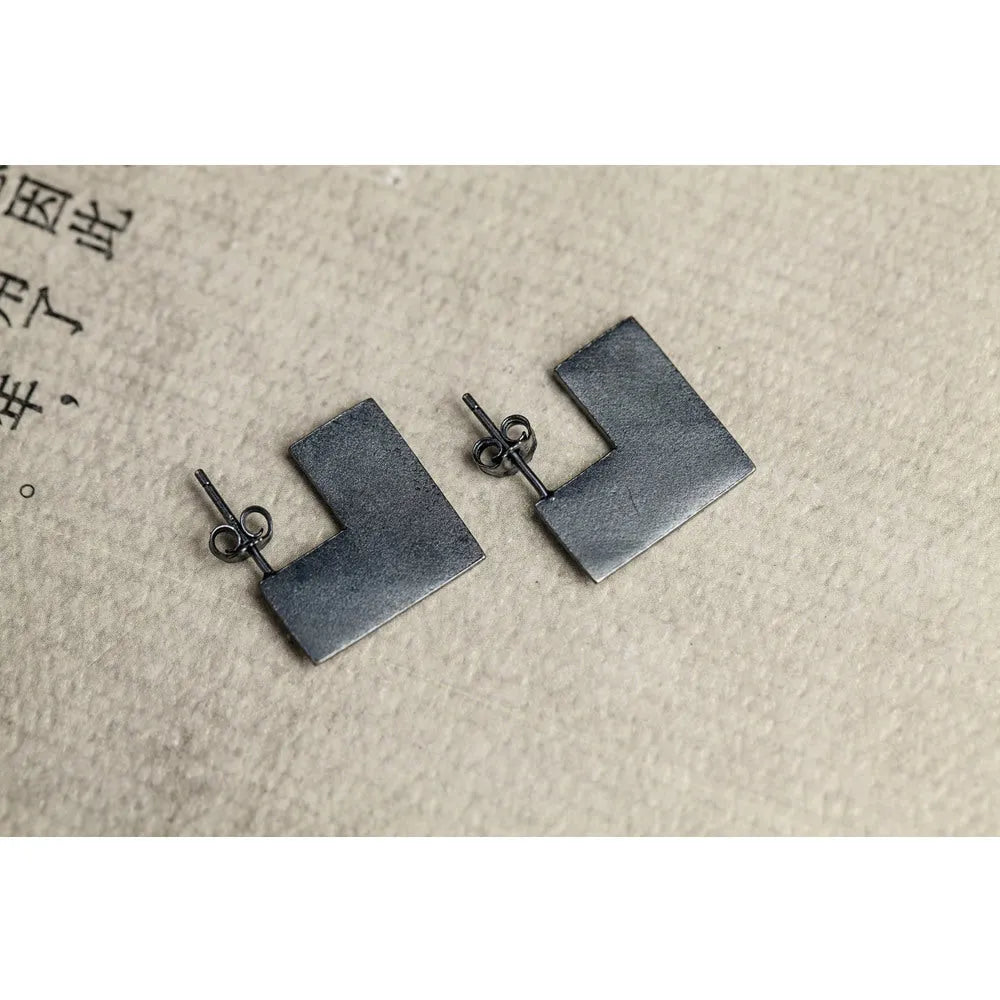 Sterling silver geometric square earrings with oxidation black finish measuring approximately 16mm