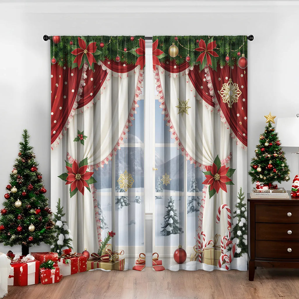 Pair of 3D digitally printed Christmas curtains showing festive pattern with high sunshade functionality