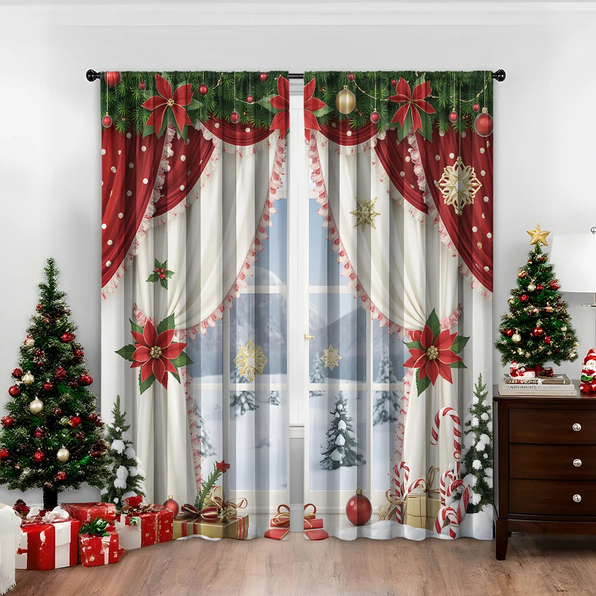 Pair of 3D digitally printed Christmas curtains showing festive pattern with high sunshade functionality