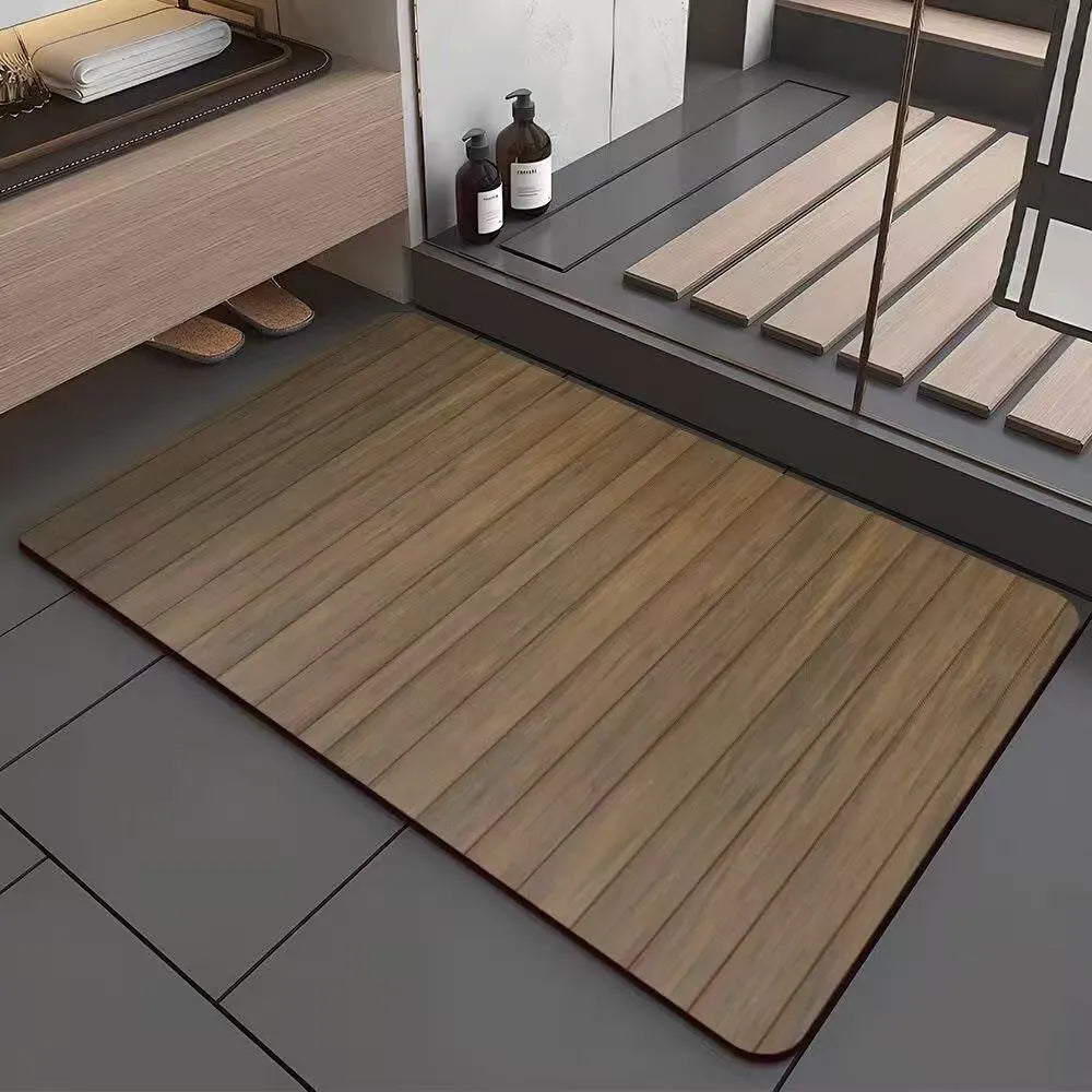 Square diatomite bathroom floor mat with wood grain pattern in a bathroom setting.