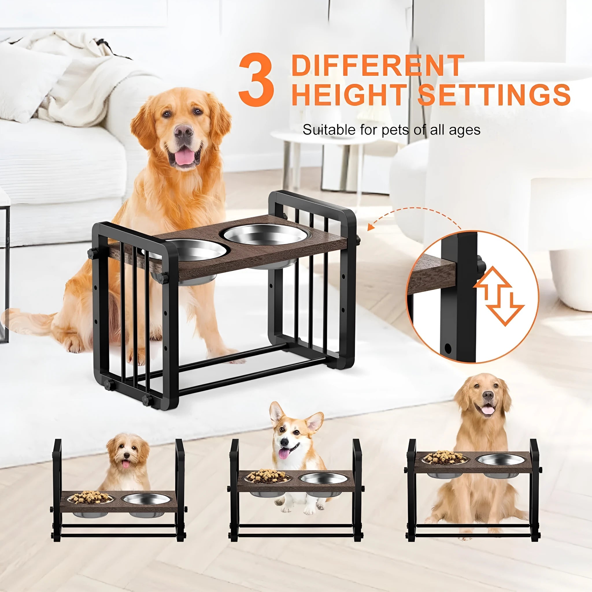 Black wooden non-slip dog bowl bracket 37x23cm on floor with dog bowl