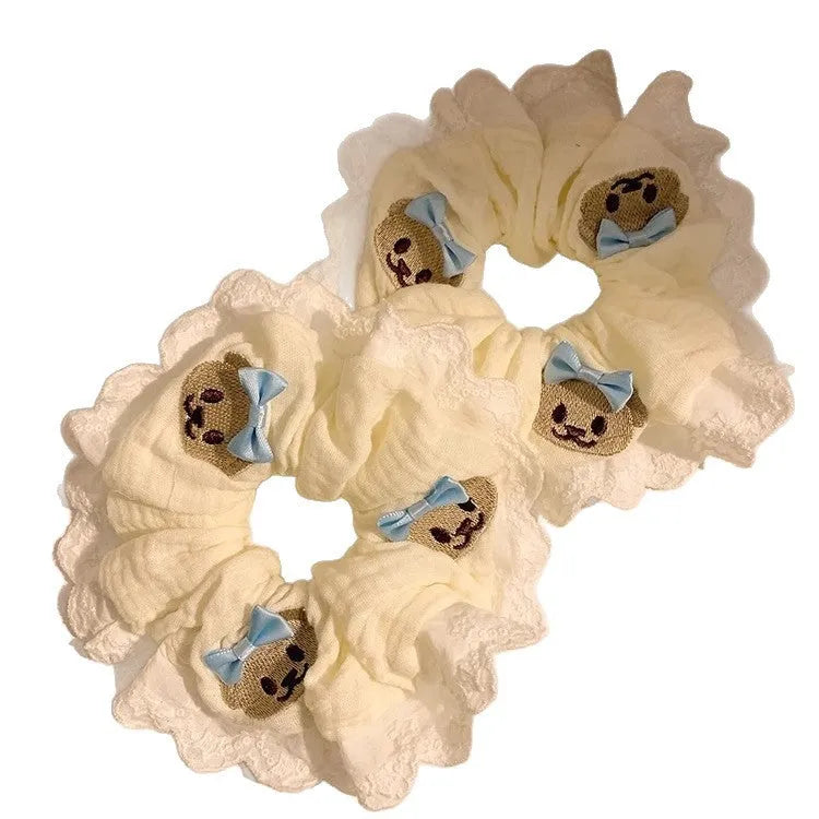 Bear blue bow lace large intestine hair ring elastic fabric hair accessory