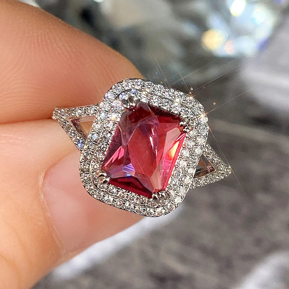 Copper square geometric women's ring with red rhinestone stone