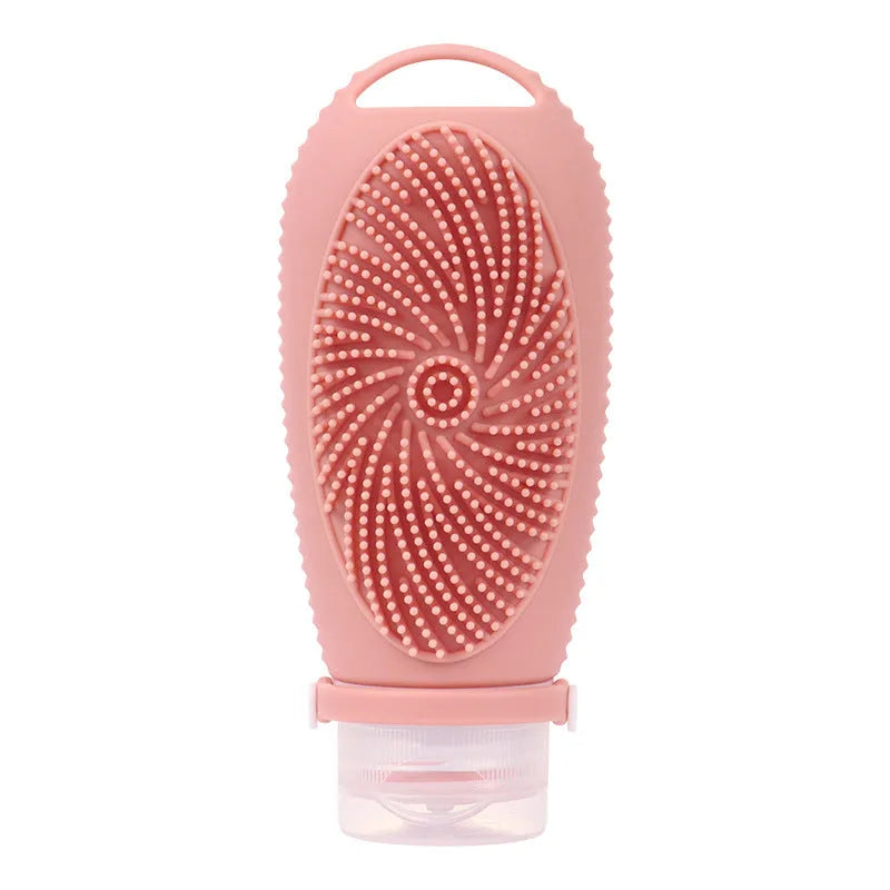 Silicone bath brush storage bottle 100ml with brush head and dispenser in pink colour option