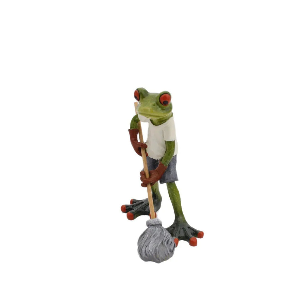 A detailed pastoral-style decorative frog ornament made from beige synthetic resin, approximately 10 cm tall.