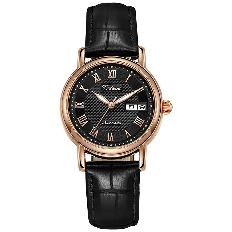 Women's automatic mechanical watch with 12mm thickness showing multiple strap and colour options