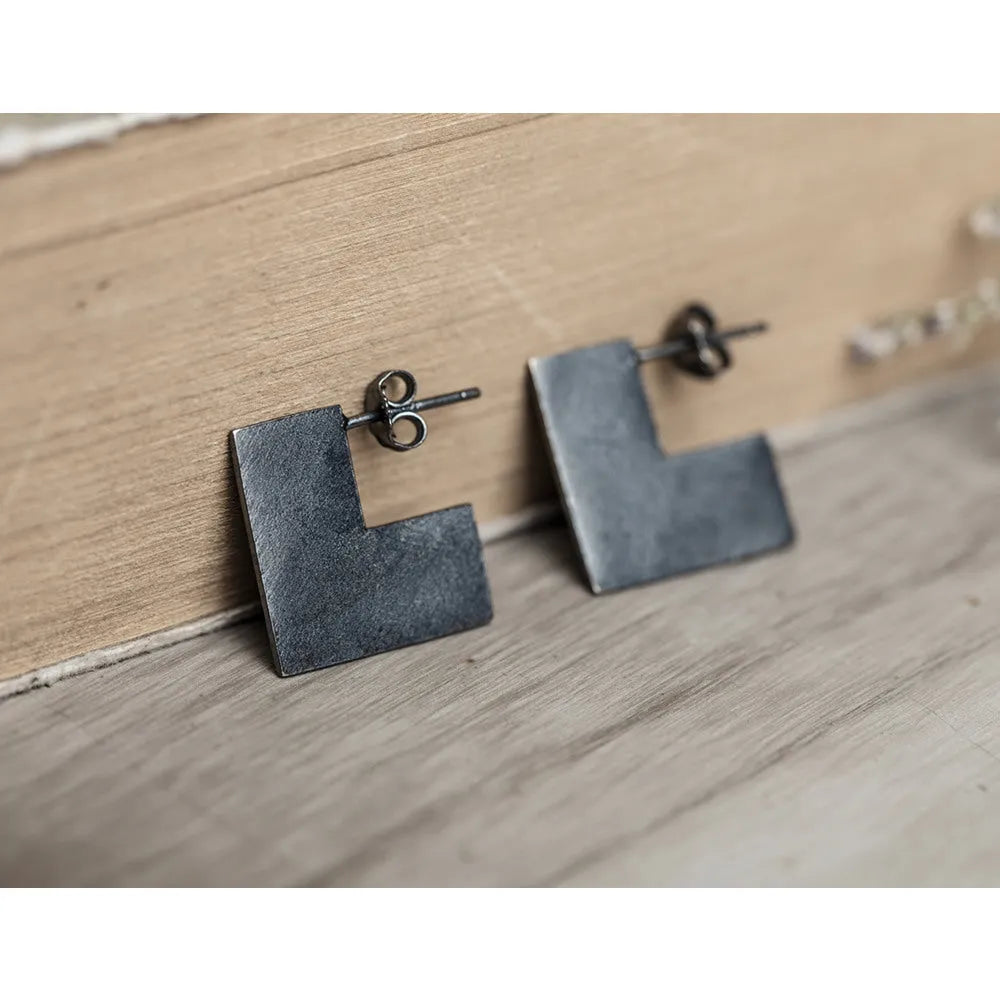 Sterling silver geometric square earrings with oxidation black finish measuring approximately 16mm