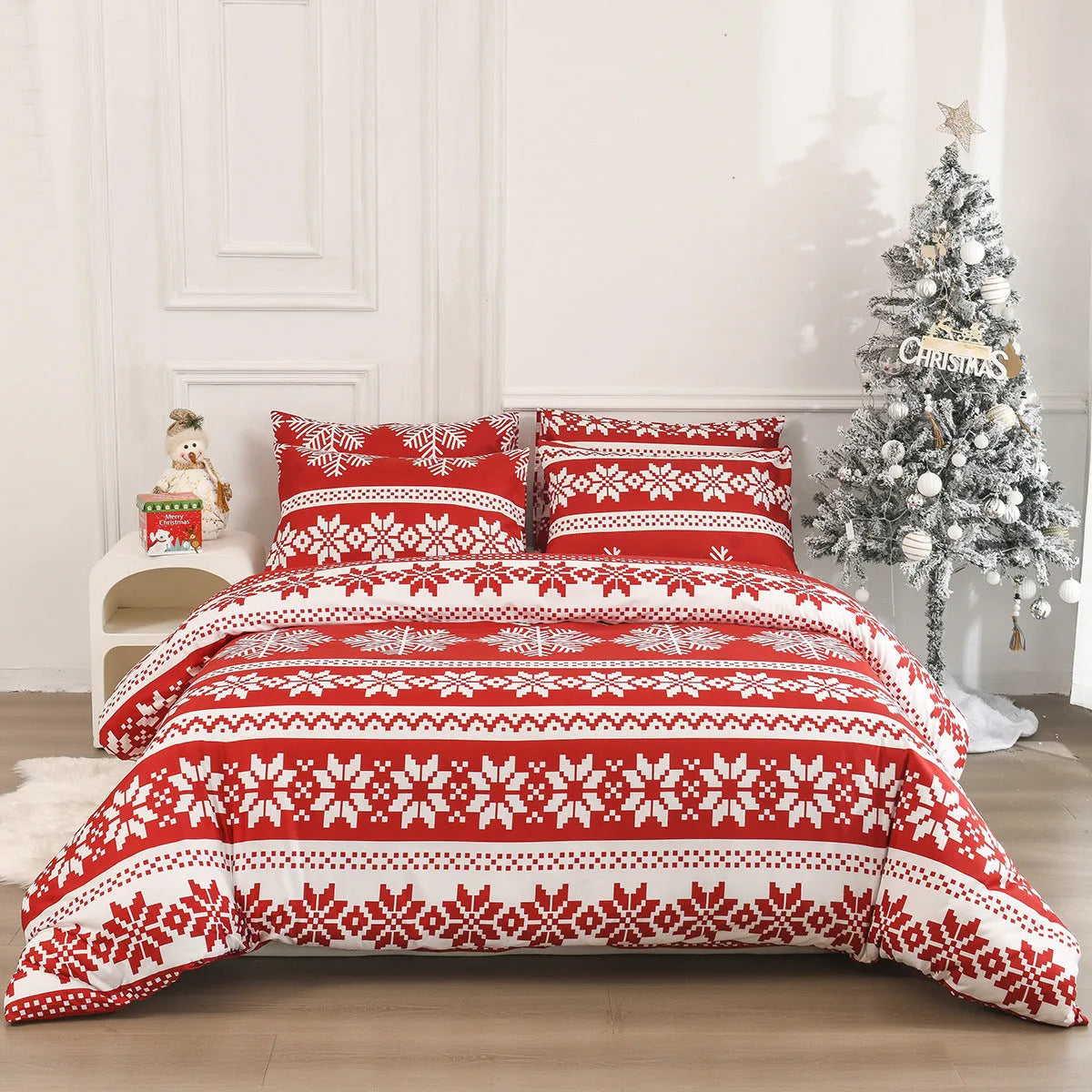 Red Christmas Love Song pattern bed three-piece set with quilt cover and pillowcases on a bed