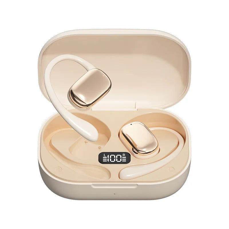 Wireless ear-mounted headphones with digital display screen in black, white, and skin colour options