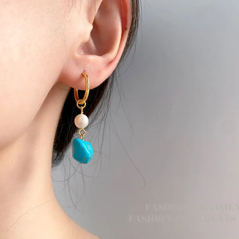 Geometric copper ear clips with irregular turquoise and cultured pearls in short and long lengths
