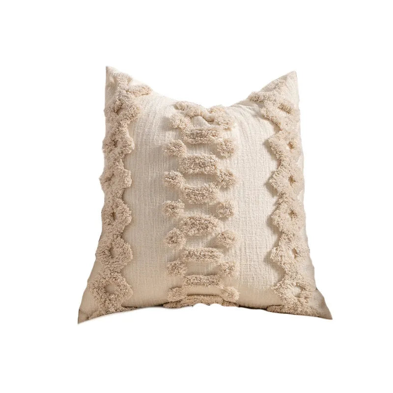 Decorative cushion cover with knitted tassel trim in spiral dots pattern, 45x45cm size.