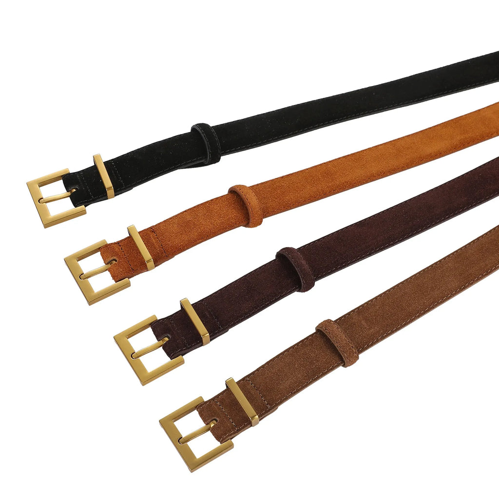 Ladies' genuine cowhide leather belt with quadrilateral design and pin buckle fastening